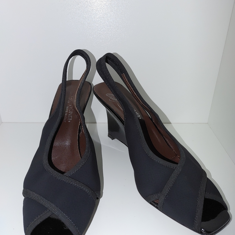Donald Pliner Black Sling-back Peep Toe Crossover Wedge Shoes Size 8.5